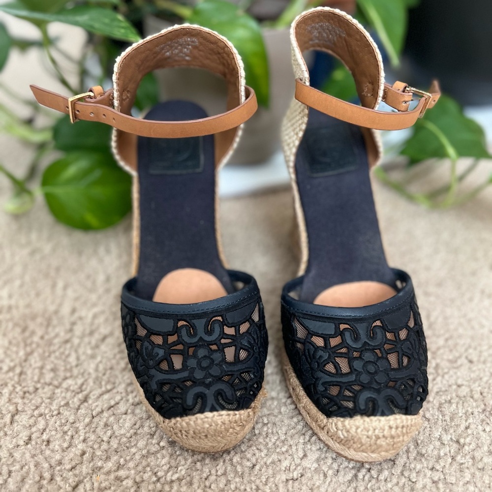 Tory Burch Black and Tan Espadrille Shoes